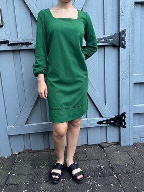 Ann Taylor Green Sheath Dress Women’s Size M Emerald Square Neck 3/4 Sleeve Care